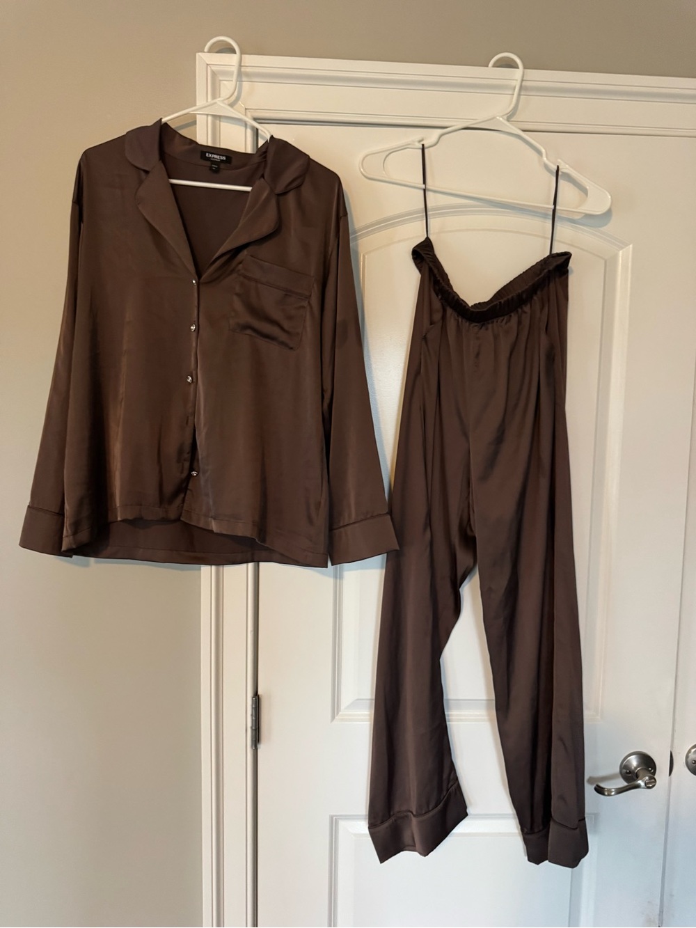 Express Sleepwear Brown Satin Pajama Set Rhinestone Buttons M